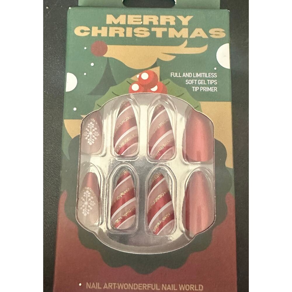 Christmas Candy Cane Press on Nails Red White Stripe Snowflake Glitter Fake Nail
